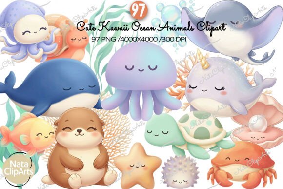 Download Cute Kawaii Ocean Animals Clipart Set - Set Collection